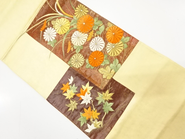 JAPANESE KIMONO / ANTIQUE FUKURO OBI / SILK / EMBROIDERY / KIKU & MAPLE